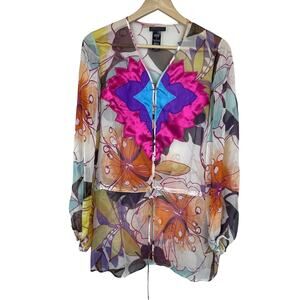 Custo‎ Barcelona Tunic Top Silk Blend Sheer Button Popover Drawstring sz 2 Small